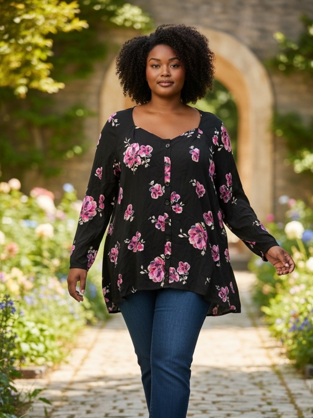 torrid Black Tunic Top with Pink Floral Print